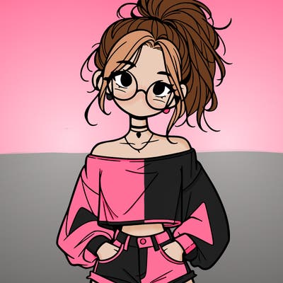 girl with a messy ponytail glasses a baggy crop top and jean shorts