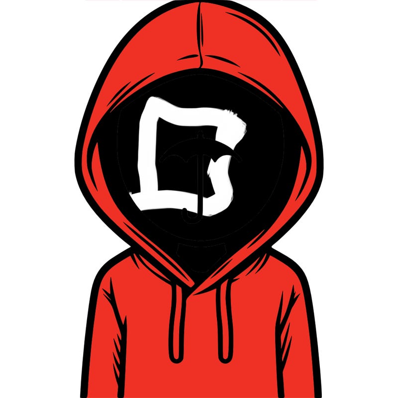 a person with non face waering a hoodie with a small umbrella symbol