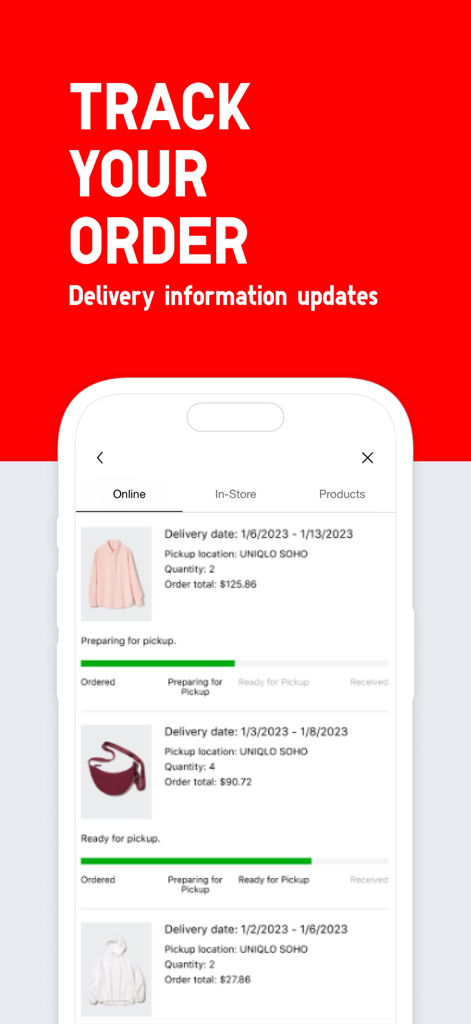 UNIQLO app interface showing order tracking details and pickup status updates for online purchases