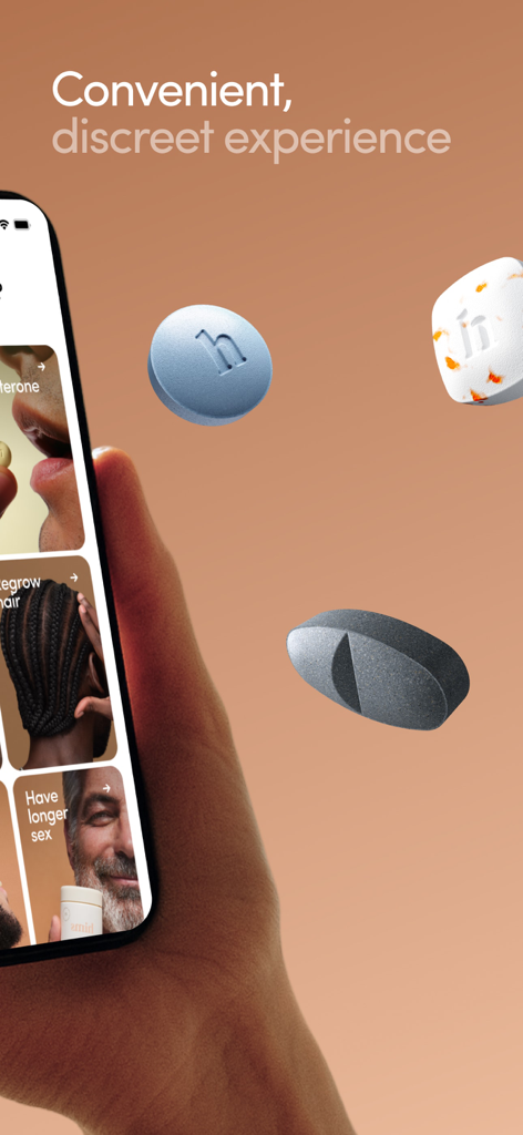 Hims: Telehealth for Men - Une main tenant un smartphone affichant l'application Hims avec le texte Expérience discrète et pratique et des pilules médicales flottantes