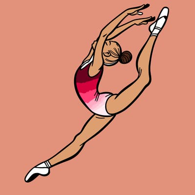 gymnast doing a leap in a leotard with a bent back leg