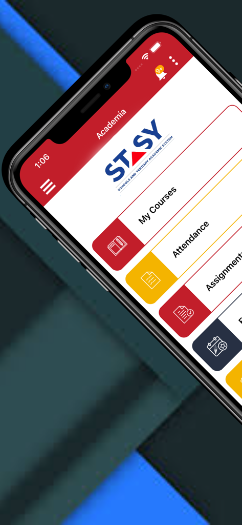 Academia Stasyモバイルアプリのダッシュボード。コースと出席オプションが表示されています。