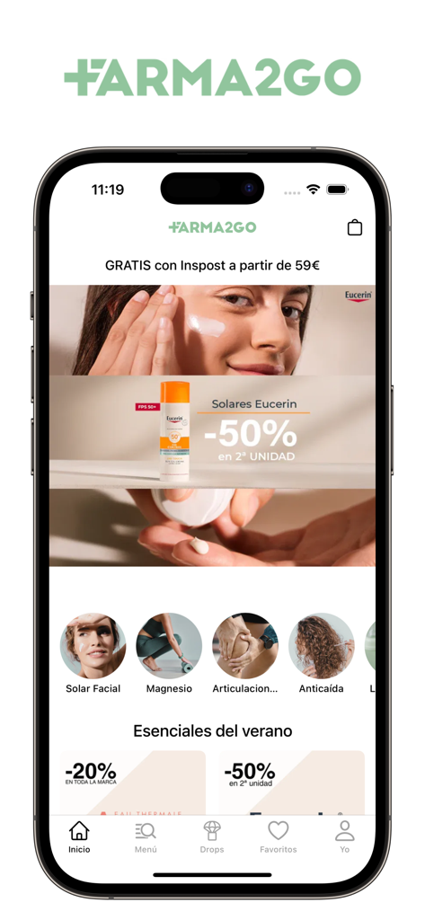 Farma2go - Parafarmacia Online - Homepage of the Farma2go app showing skincare promotions and health product categories
