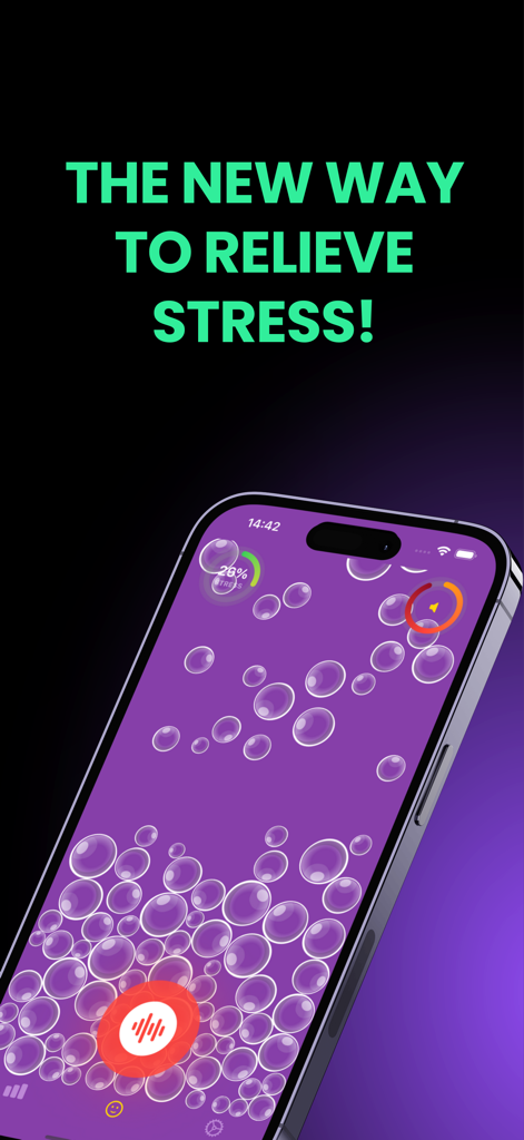 Scream Therapy - Smartphone screen showing the Scream Therapy app interface with purple bubbles and a stress relief message