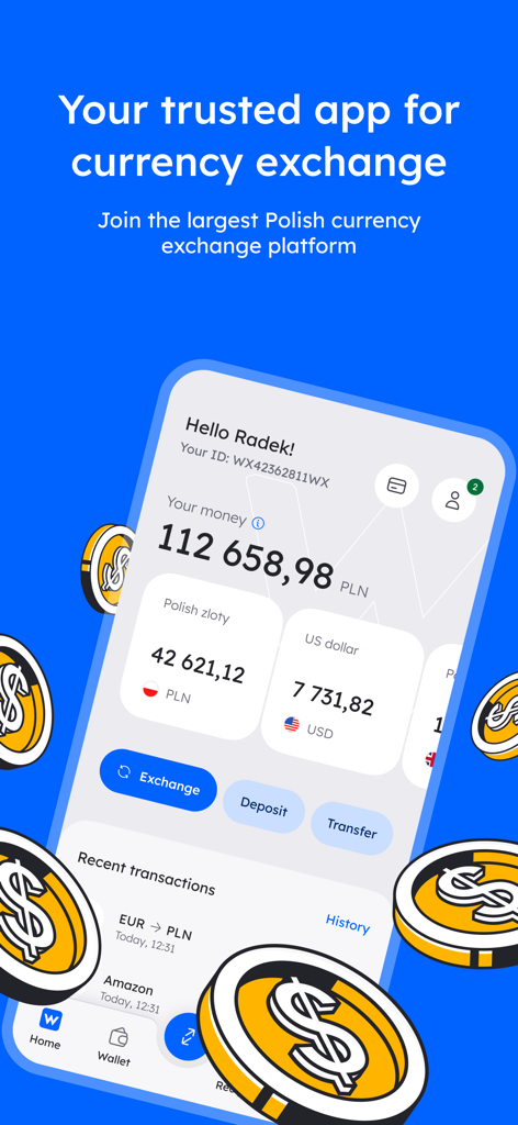 Walutomat app dashboard showing Polish Zloty and US Dollar balances with currency exchange and transfer options