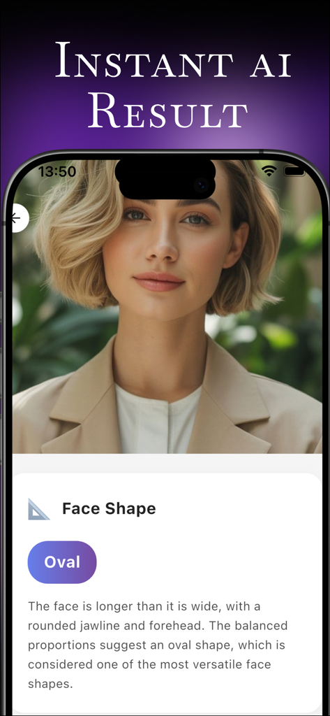 Face Shape Detector:AI Analyze - A mobile app screenshot showing an instant AI result identifying a woman's face shape as oval with a detailed description.