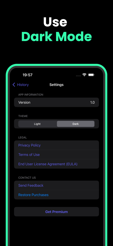 Rock & Stone Identifier AI IBG - Pantalla de configuración de la aplicación Rock and Stone Identifier que muestra la interfaz del modo oscuro