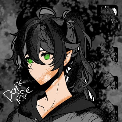 realistic hot anime boy with horns and long messy hair put in a pony tail