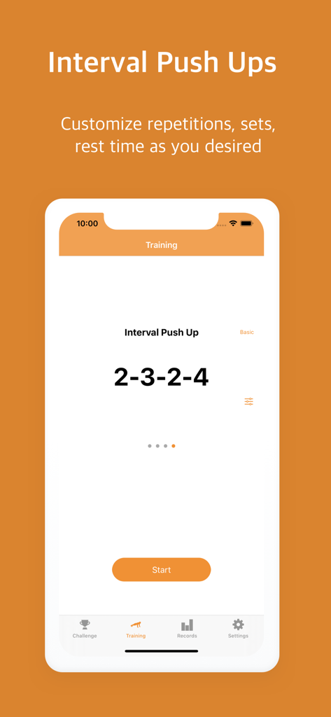 Pushupstar: push ups counter - The Pushupstar app interface for configuring interval push ups with custom repetitions and sets