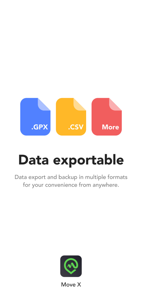 MoveX - Step and Run Tracker - MoveX app screen showing data export options in GPX and CSV formats