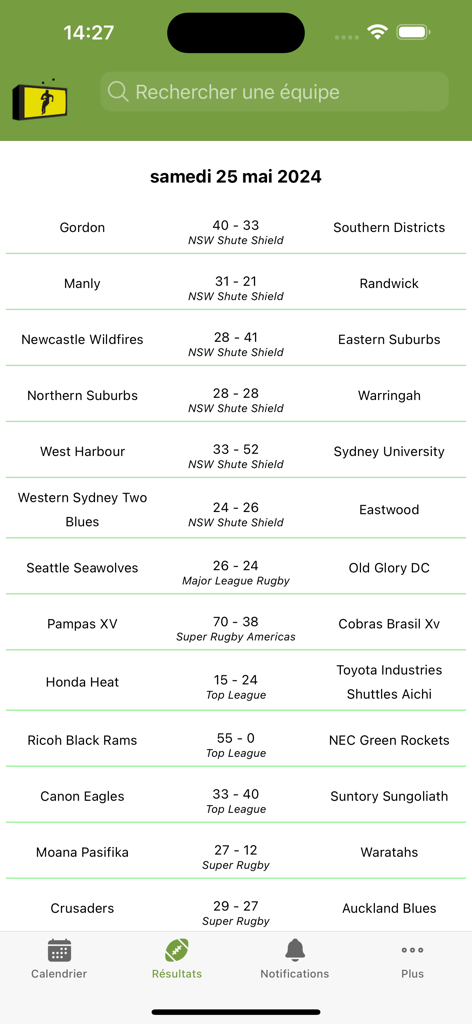 List of rugby match scores for various leagues on the RugbyToWatch app interface