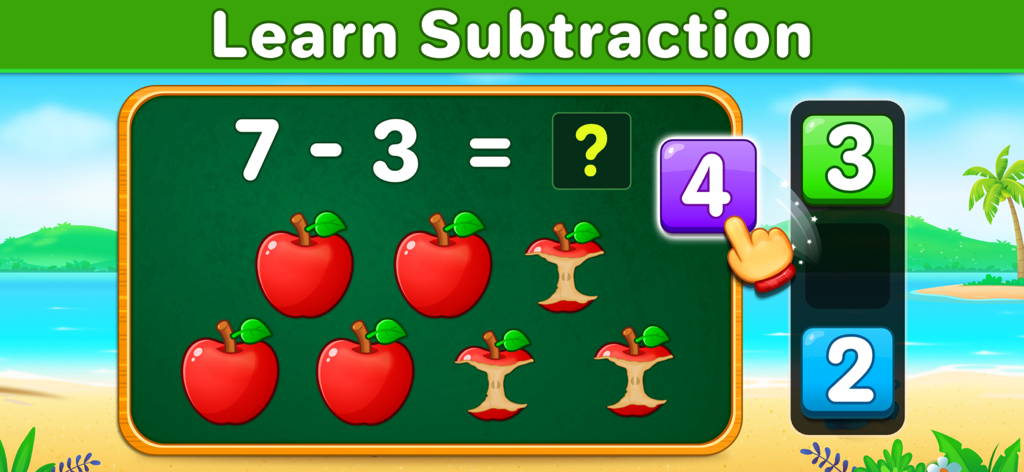 Educational game screen showing a subtraction problem with apples for kids