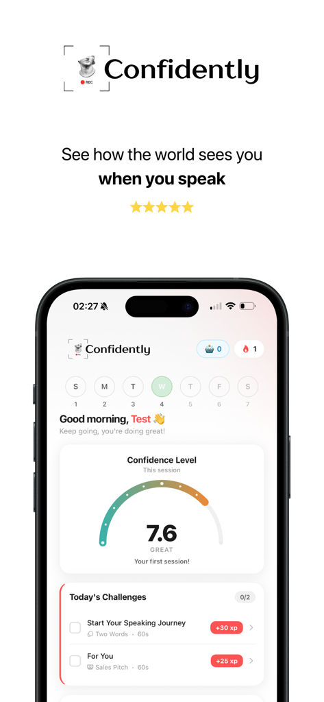 Confidently AI app interface showing a confidence level gauge and daily speaking challenges