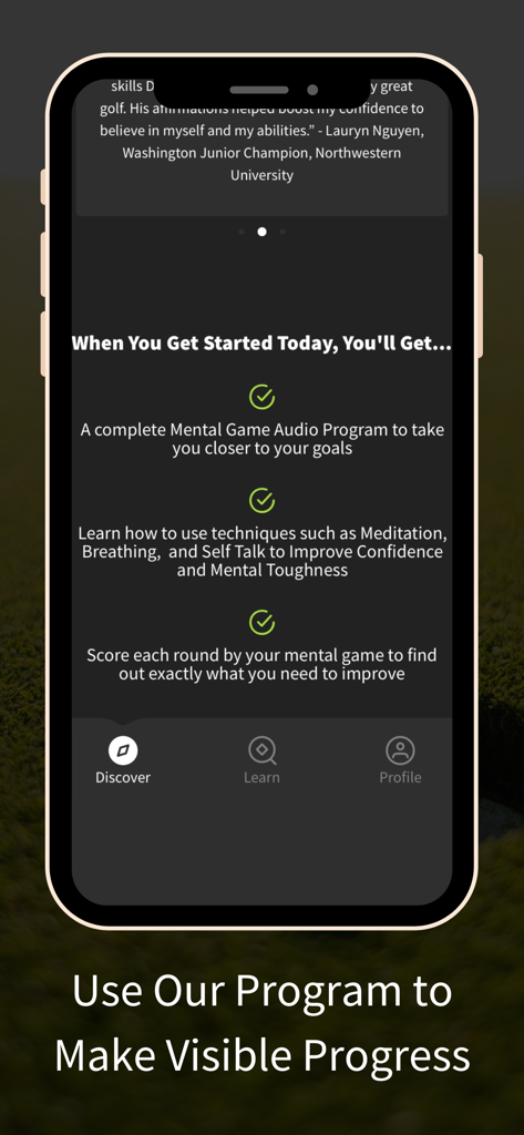 Golf State of Mind app interface showing mental coaching features and audio programs