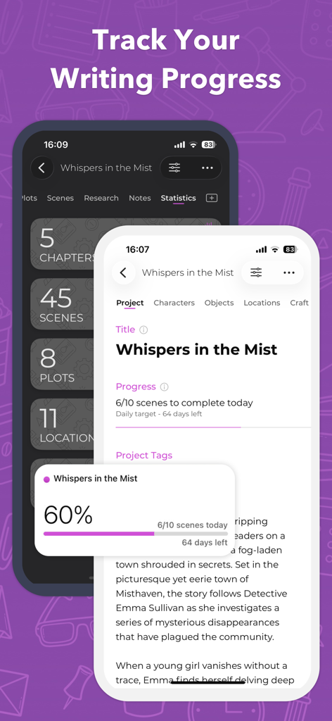 Story Planner app interface displaying writing progress and project statistics for writers