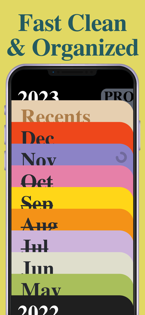 Mobile app interface showing a list of photo folders organized by month and year with colorful tabs for fast storage cleaning