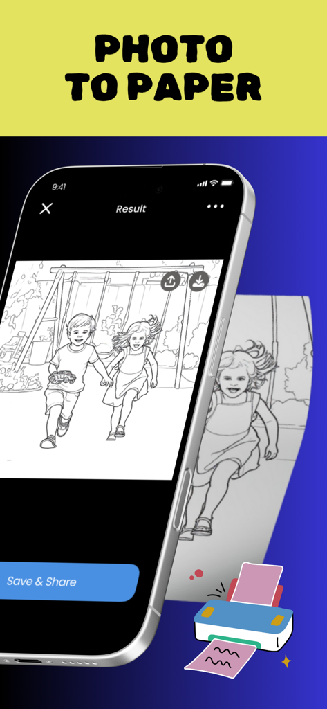 Colorify: Coloring Book Maker - Smartphone screen showing a photo of children converted into a line drawing sketch ready for printing