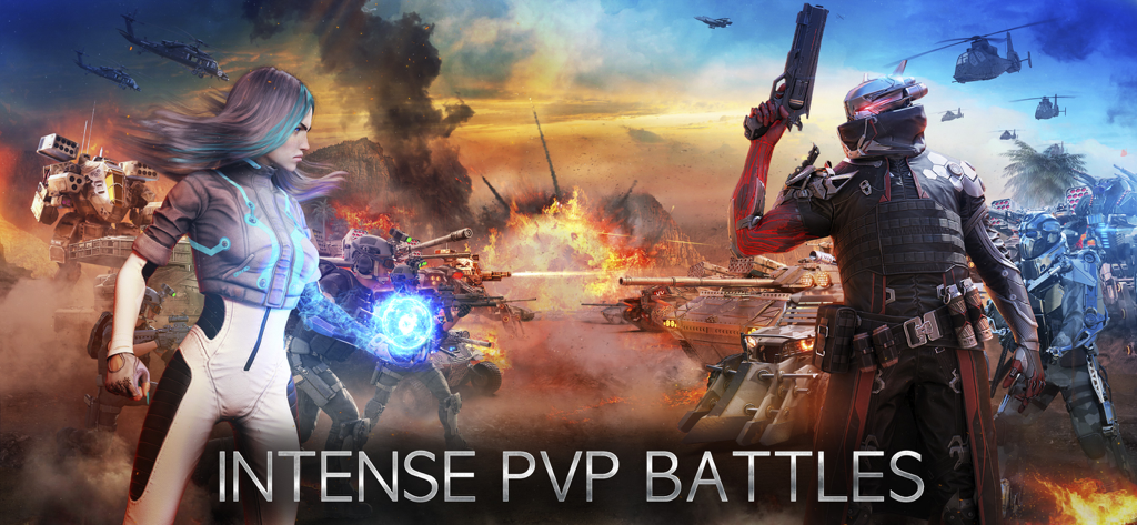 인스턴트 워에서 병사, 전차, 헬리콥터를 특징으로 하는 강렬한 미래형 PvP 전장 장면