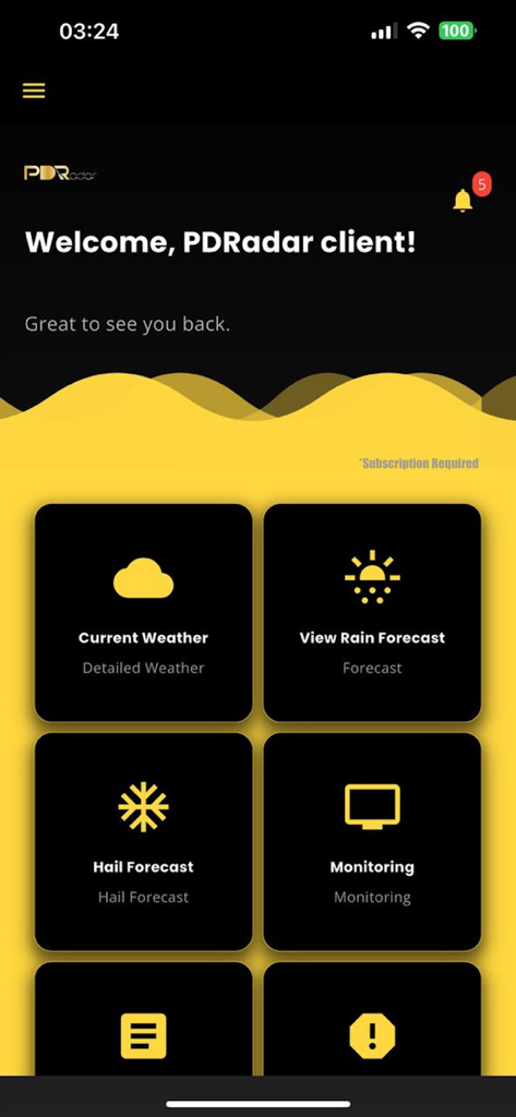 PDRadar - Home dashboard of the PDRadar app showing options for weather monitoring and hail forecasts.