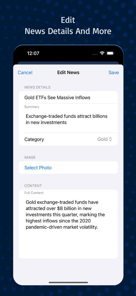 Interface de l'application Asaar AI Plus pour l'édition d'articles d'actualités financières montrant les détails sur les investissements en ETF sur l'or