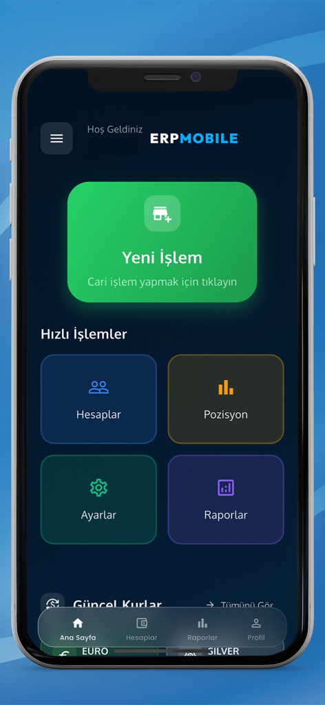 New Erp Mobil - Painel do aplicativo financeiro New Erp Mobil mostrando opções de transações e relatórios de conta