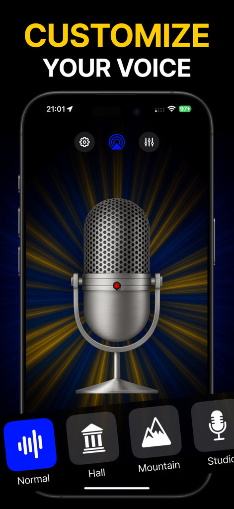 Bluetooth Microphone FX Pro - iPhone screen showing voice customization presets in Bluetooth Microphone FX Pro