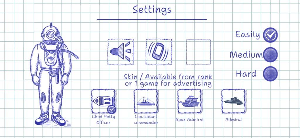 船のスキンアンロックと難易度レベルを備えた、市松模様の紙の背景にある「海戦」ゲーム設定メニュー。