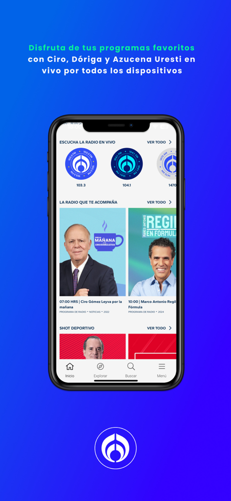 Pantalla principal de la aplicación Grupo Formula con programas de radio y noticias en vivo