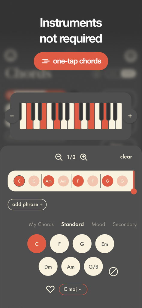 Demo Songwriting Studio app screen showing the one tap chord generator and a virtual piano keyboard