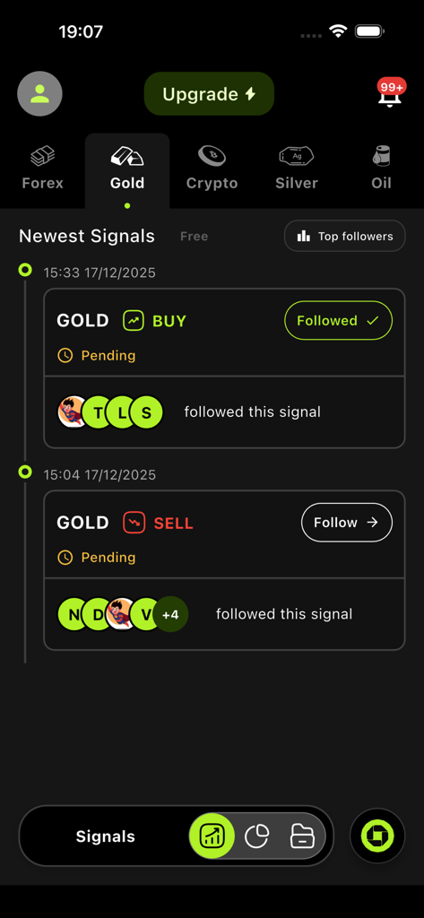Ebila AI: Trading Signal - Ebila AI mobile interface displaying recent gold buy and sell signals.