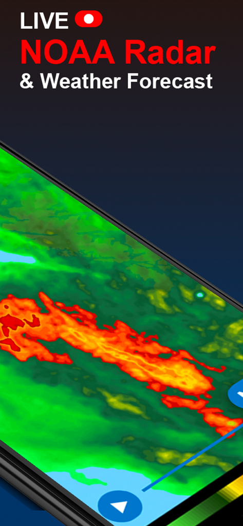 NOAA Radar & Weather Forecast - Smartphone screen displaying a live high resolution weather radar map from the NOAA app
