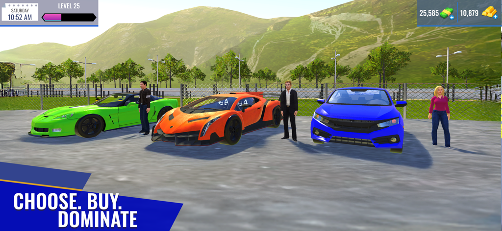 Car Sales Simulator 25 - Tres coches deportivos y personajes de pie en un lote de coches abierto en Car Sales Simulator 25