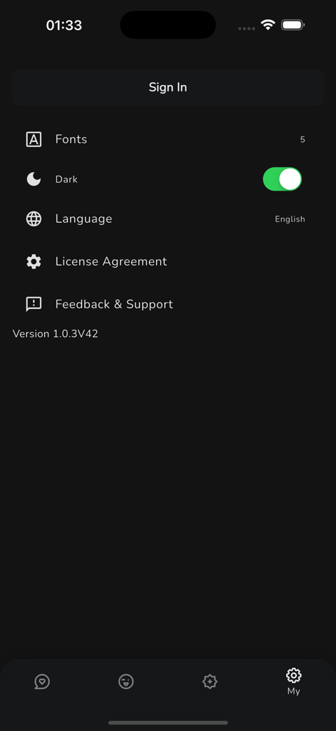 Comiga - Settings screen of the Comiga manga app featuring dark mode and profile options
