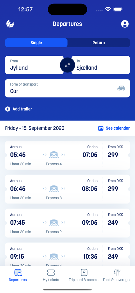 MOLSLINJEN app screen showing ferry departure times and prices for a car trip between Jylland and Sjaelland