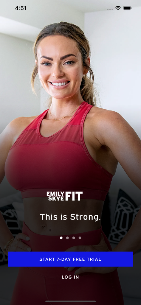 Emily Skye FIT: Workout App - Emily Skye FIT workout app welcome screen featuring Emily Skye and a 7 day free trial button