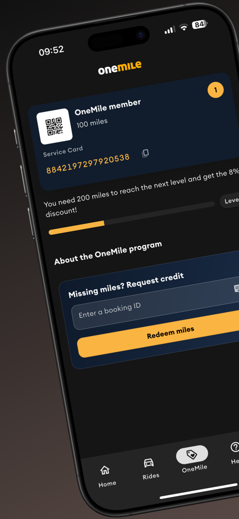Transfeero: Get Reliable Rides - Transfeero OneMile loyalty program dashboard showing member status and miles progress