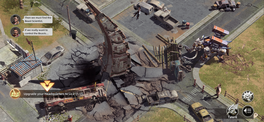 A mechanical mammoth walking through a ruined city in the mobile game Mecha Domination Rampage