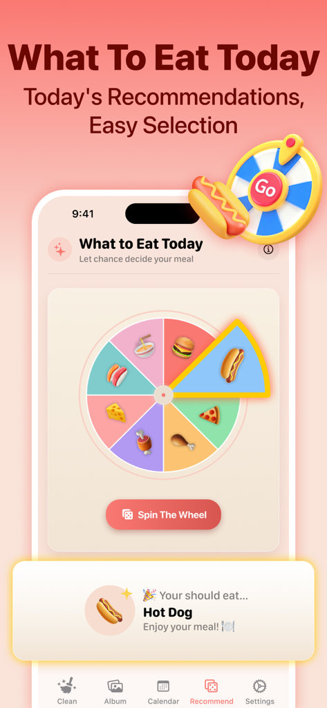 EatLog Album-Storage Cleaner - Interfaz de la aplicación EatLog con un juego de ruleta ¿Qué comer hoy? para recomendaciones de comida