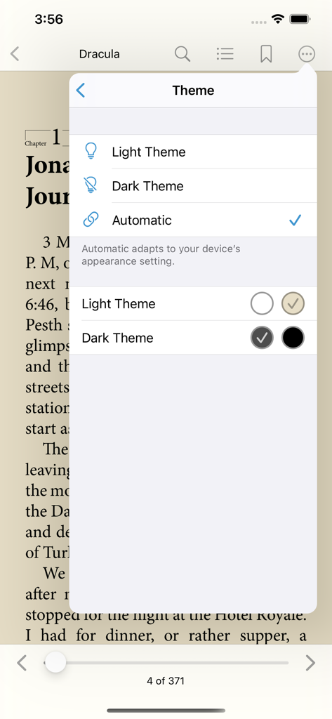 The Bluefire Reader app showing a theme selection menu with light, dark, and automatic display options.