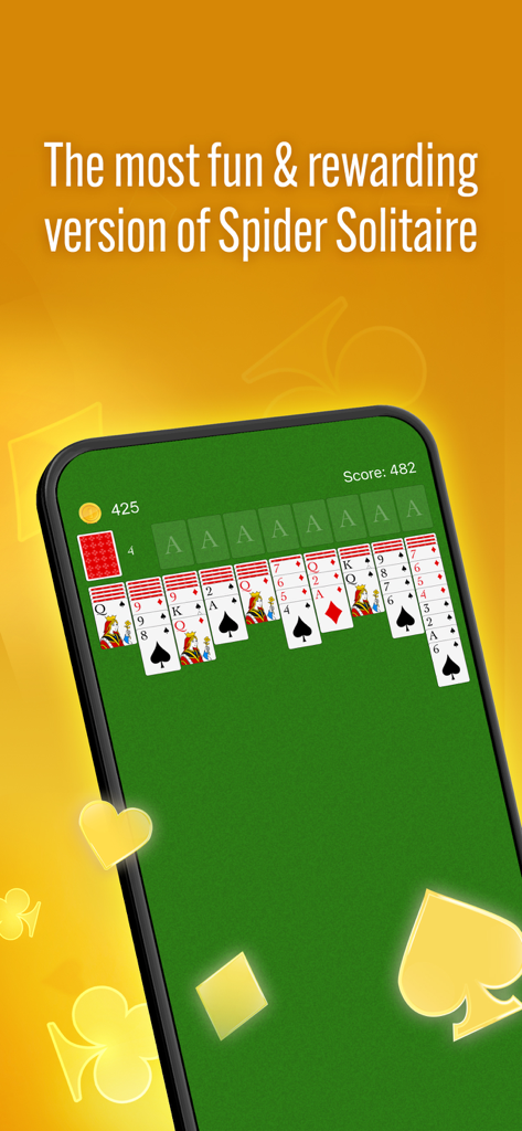 Spider Solitaire Classic gameplay showing a traditional green card table on a smartphone screen.