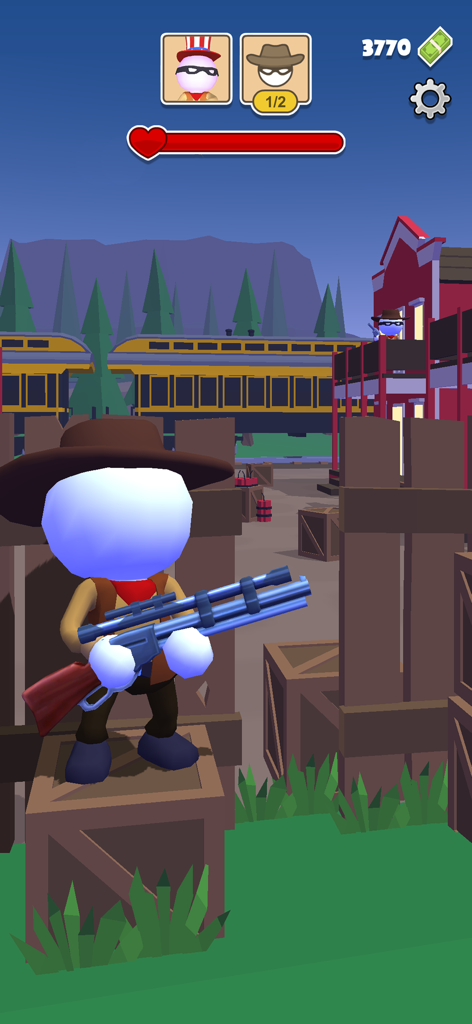 Western Sniper: Wild West FPS - 後方に列車が見える西部劇の町を舞台に、スコープ付きライフルを持ったスティックマンのカウボーイ
