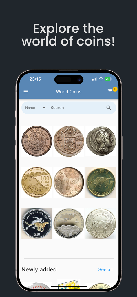 Interface do aplicativo World Coins Collecting mostrando uma grade pesquisável de diversas moedas internacionais