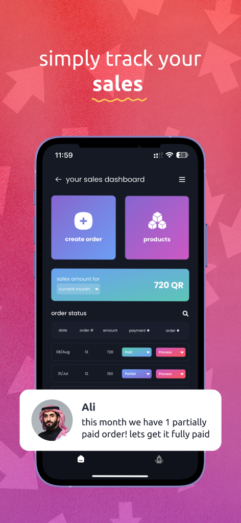 adeer - أدير - Sales dashboard of the Adeer app on an iPhone showing monthly sales and an AI advisor notification.