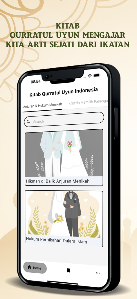 Kitab Qurratul Uyun Indonesia - A smartphone display showing the Kitab Qurratul Uyun Indonesia app interface with sections on Islamic marriage laws and wedding illustrations.