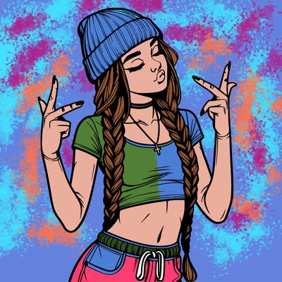 realistic teenage girl with braids and a beanie and crop top doing 🫶🏼