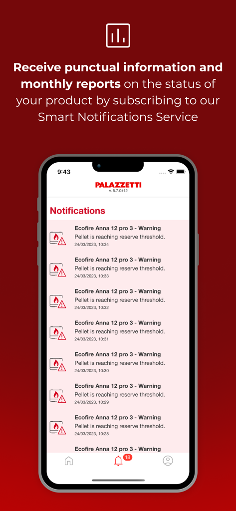 Palazzetti - Manage your stove - A smartphone screen showing the Palazzetti app notifications page with warnings about pellet fuel levels