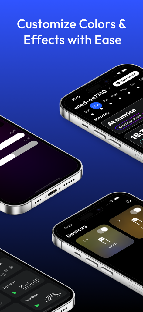 Four iPhones displaying the WLED Pro app interface with features for scheduling lighting effects and managing smart LED devices