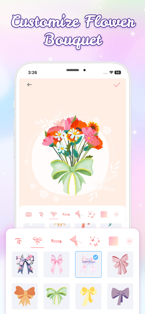 Flower Language Keyboard - A mobile app interface titled Customize Flower Bouquet showing various decorative bow options for a digital flower arrangement.
