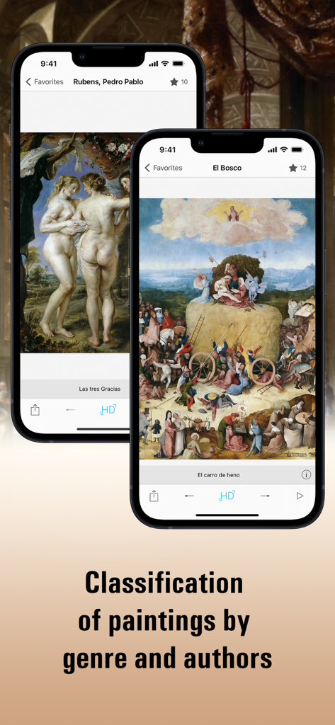 Two smartphones displaying classical paintings by Rubens and Bosch in the Prado Museum HD app with the text Classification of paintings by genre and authors.