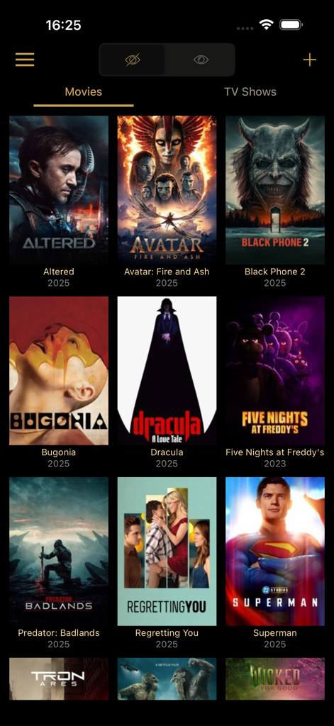 Interfaz de seguimiento de películas de la aplicación Watched TV que muestra una cuadrícula de pósteres de películas